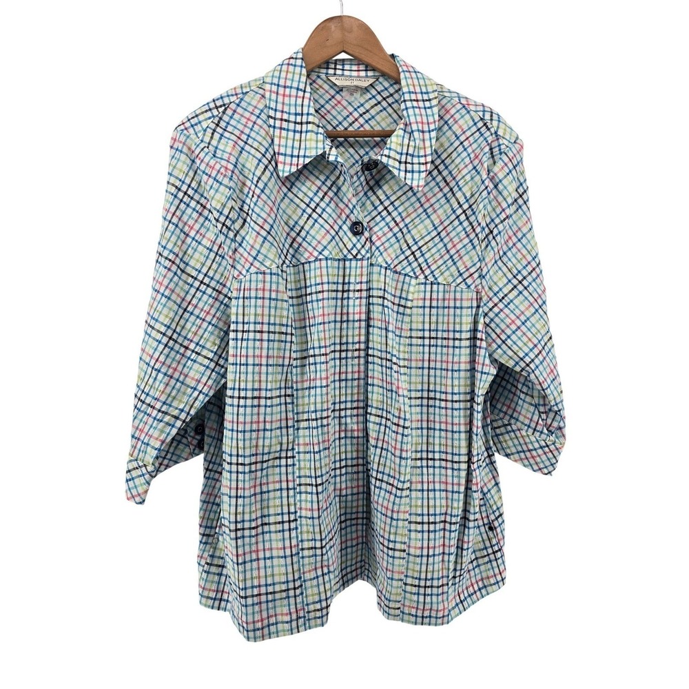 Allison Daley Button Up Shirt Womens 22W Multicolor Plaid Seersucker 3/4 Sleeve